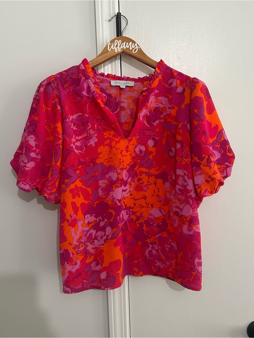 Sugarlips Pink & Orange Floral V-Neck Puff Sleeve Top